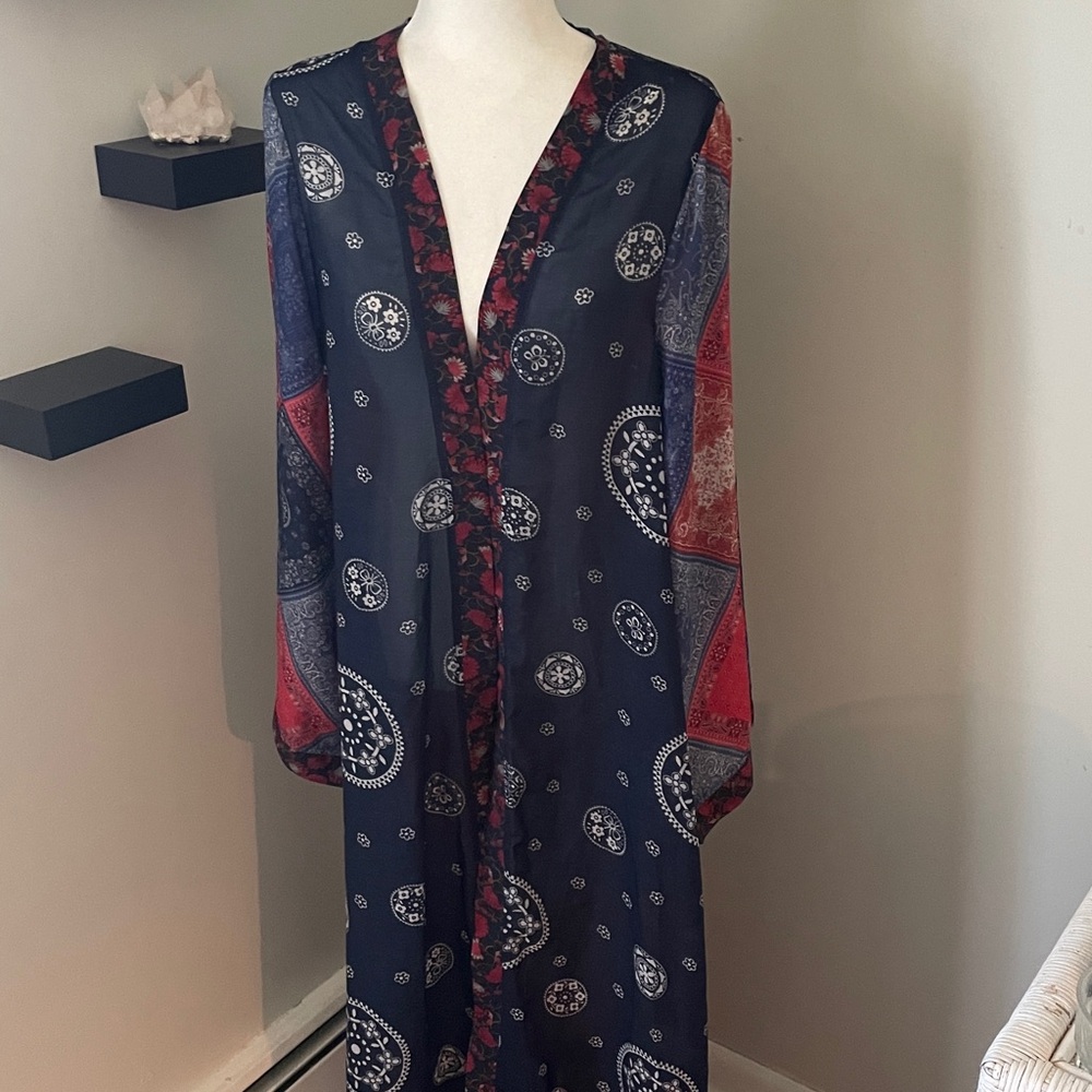 Tasha Polizzi Navy and Red Bandana-Print Long Sleeve Maxi Duster